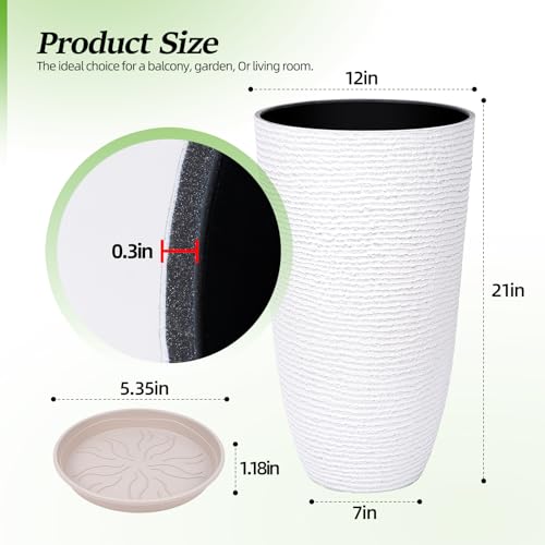 QCQHDU Set of 2 9 Gallon Tall Large planters for Outdoor/Indoor Plants of 12" Dia x 21" H Round Flower Pots Set Faux Stone Finish Front Door Patio Square Porch Planters with Tray, White - color: White