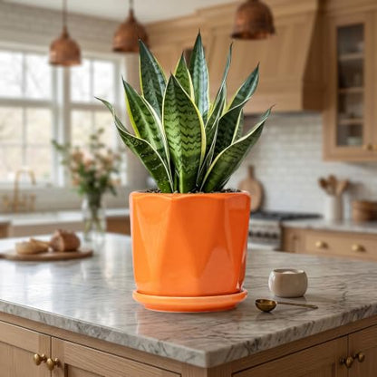 Ceramic Plant Pots Set of 3, Indoor Planter with Drainage Holes and Saucers - color: 2-orange