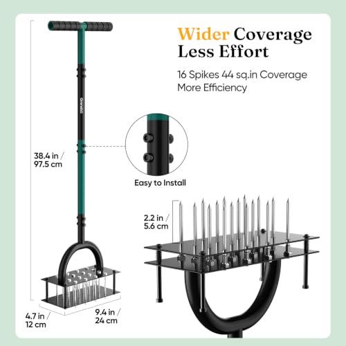 Grenebo Lawn Aerator Manual Aerator Lawn Tool with 16 Spikes, Black - color: Dark Green