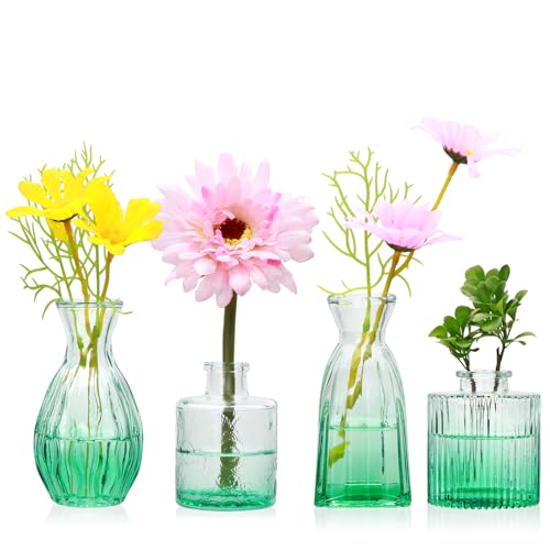 Glass Bud Vases Set of 4, Small Green Flower Vases for Wedding Centerpiece - color: Green