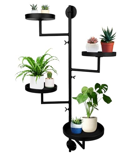 Rotating Window Plant Shelves with Adjustable Knobs, 4 Tiers Metal Wall Shelf for Plants Indoor, Sturdy Hanging Plant Holder, Window Wall Decor & Gardening Gifts (Black)