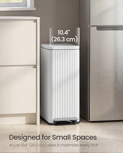 SONGMICS Trash Can, 13 Gallon (50 L) Slim, Stainless Steel, with Lid, Pedal - color: Cloud White, size: 13 Gallon (Slim)