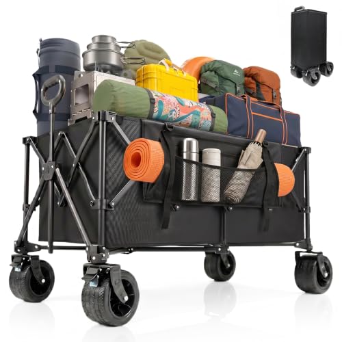 48.4" Extra Long Folding Wagon, 560 LBS Heavy Duty Collapsible Wagon Cart with 6.7" All-Terrain Wheels, 24.4" Wide Utility Wagon for Beach, Camping, Garden, Sports & Outdoor Gear