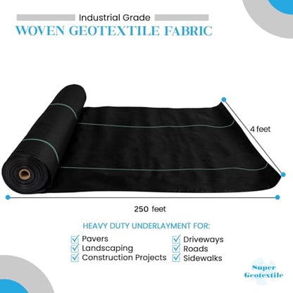 Super Geotextile Woven Geotextile Fabric for Driveway and Road Stabilization, Construction Underlayment, Erosion Control, Commercial Grade 50 Year for Gravel Roads and Pavers (4x250) - size: 4' x 250'