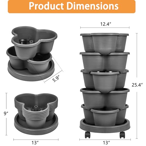 VECELO 5 Tier Vertical Garden Planter, Self Watering Stackable Planters with Wheels for Strawberries, Herbs, Flowers, Vegetables, Dark Gray - color: Dark Gray, size: 5 Tier