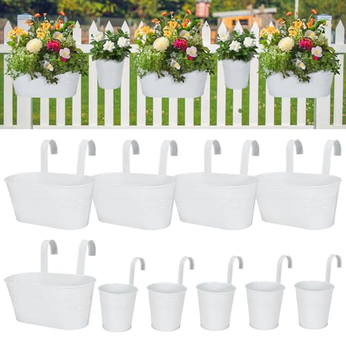 HowRU Metal Iron Flower Pots for Railing Fence Hanging Bucket Pots(5 Pcs) and Hanging Flower Pots Metal Iron Bucket Planter(10 Pcs) (White) - color: White