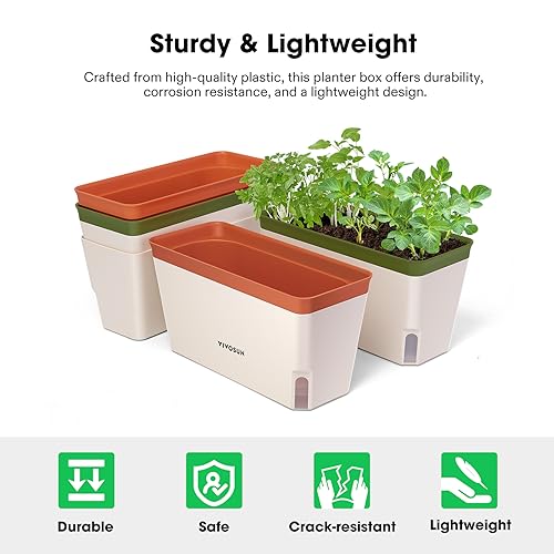 VIVOSUN Self-Watering Planters, 8-Pack 10.5 Inch Compact Rectangular Window Herb Planter Box with 10 PCS Plant Labels, Plant Container for Basil, Flowers, Succulents, Indoor & Outdoor - size: 4 (Pack of 2)