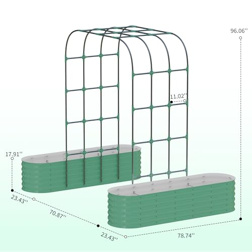 GarveeHome Expandable Arch Trellis Raised Bed Kit – 95” Metal Garden System with Vertical Netting, Plant Ties, and Drainage Design for Vegetables, Flowers, and Vines (Rust-Proof Green) - color: Green