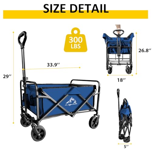 Garden Cart Folding Wagon with Small Wheel, Collapsible Outdoor Wagon Cart Heavy Duty with Universal Wheels & Adjustable Handle, Utility Grocery Wagon for Camping Shopping, Sports - Navy Blue - color: Blue, size: 2 Pack