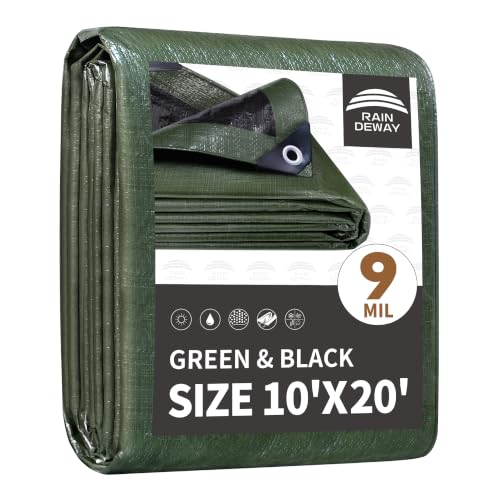 RAINDEWAY 10x20 Feet Tarp Waterproof,9Mil Green/Black Poly Tarps Cover - color: Green/Black, size: 10x20 Feet-Finished size