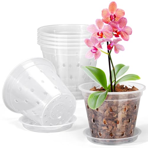 FUIJOL Orchid Pot, 6 Pack 7 Inch Clear Orchid Pots with Holes and Saucers for Repotting, Breathable Slotted Plastic Orchid Planters with Drainage for Root Health Indoor Outdoor (7 inch) - size: 7 Inch