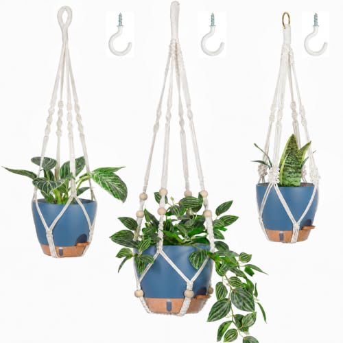 3 Set Self Watering Hanging Planter for Indoor Plants Macrame Plant Hangers - color: Dusty Blue, size: Medium