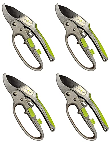 Garden Guru Ratchet Pruning Shears - Professional Garden Clippers with Ergonomic Grip and Brush - Makes Tough Cuts Easy (4 Pack) - size: 4 Pack, style: Ratchet Deluxe