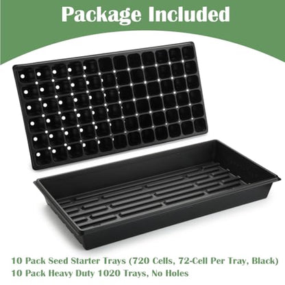 RooTrimmer 10 Pack 1020 Trays No Holes and 10 Pack 72 Cell Seed Starter Tray, 20" x 10" - Heavy Duty Reusable Plastic Seed Starter Kit for Microgreens, Seed Germination & Plant Propagation (10 Sets) - size: 72 Cells-Deep