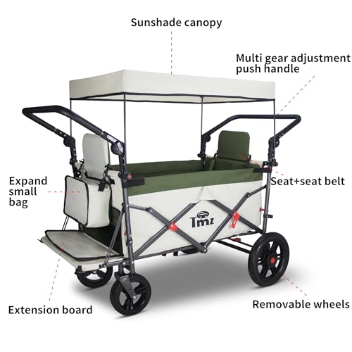 TMZ Collapsible Wagon with 2 Foldable Seats, Folding Wagon with Canopy, Multi Functional Cart with Adjustable Handle Bar, Front Expandable for Transport Camping (Green/Beige) - color: Green/Beige