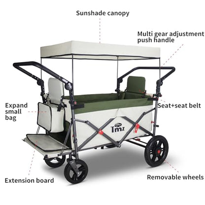 TMZ Collapsible Wagon with 2 Foldable Seats, Folding Wagon with Canopy, Multi Functional Cart with Adjustable Handle Bar, Front Expandable for Transport Camping (Green/Beige) - color: Green/Beige