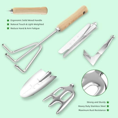 Garden Tools Set, 9-Piece Heavy Duty Gardening Tools with Clear Pocket Tote Bag, Stainless Steel Garden Hand Tools for Digging, Planting, Weeding and Pruning, Durable Gardening Kit - style: Green