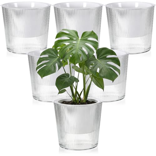 6 Pack Self Watering Pots for Indoor Plants Plastic Vertical Ribbed Semi Transparent Planters, Dual Layer Reservoir for Indoor Succulents Herbs Pothos(Clear, White,6.5 x 5.9 Inch) - color: Clear, White, size: 6.5 x 5.9 Inch