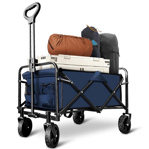 Garden Cart Folding Wagon with Small Wheel, Collapsible Outdoor Wagon Cart Heavy Duty with Universal Wheels & Adjustable Handle, Utility Grocery Wagon for Camping Shopping, Sports - Blue - color: Blue, size: 1 Pack