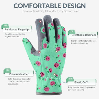 Baidast Gardening Gloves for Women, Breathable Leather Garden Gloves with Grip, Thorn Proof Work Gloves - color: Women(medium)-green+red
