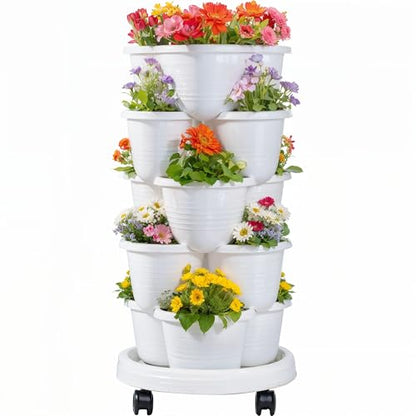 VECELO 5 Tier Vertical Garden Planter, Self Watering Stackable Planters with Wheels for Strawberries, Herbs, Flowers, Vegetables, White - color: White, size: 5 Tier