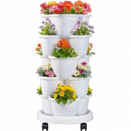 VECELO 5 Tier Vertical Garden Planter, Self Watering Stackable Planters with Wheels for Strawberries, Herbs, Flowers, Vegetables, White - color: White, size: 5 Tier