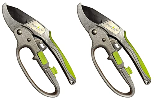 Garden Guru Ratchet Pruning Shears - Professional Garden Clippers with Ergonomic Grip and Brush - Makes Tough Cuts Easy (2 Pack) - size: 2 Pack, style: Ratchet Deluxe