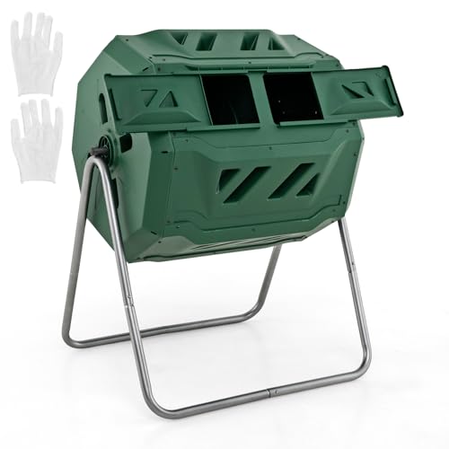 Goplus Compost Tumbler, 43 Gallon Rotating Compost Bin Barrel, Dual Chamber Tumbling Composter with Sliding Door, Gloves, Aeration System for Outdoor, Garden, Yard - color: Green, size: 43 Gallon