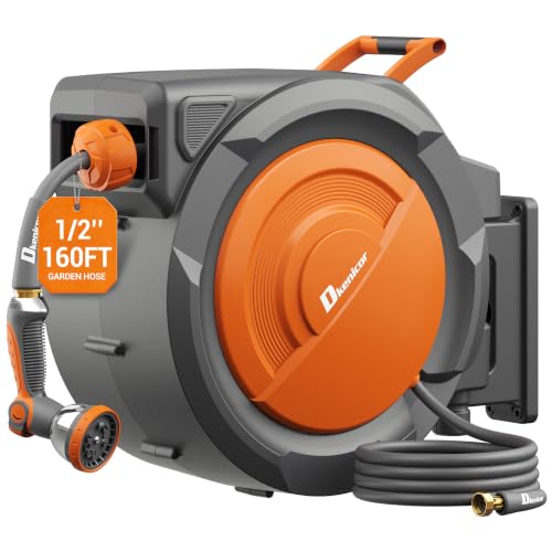 1/2" x 160 ft Retractable Hose Reel, Heavy Duty Retractable Garden Hose Reel Wall Mounted with 10-Pattern Hose Nozzle/Any Length Lock/Slow Return System/180°Swivel Bracket,Orange - color: Orange, size: 1/2" × 160 ft