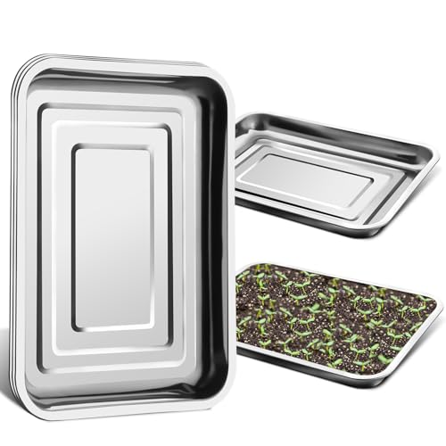 RooTrimmer 5 Pack Large Stainless Steel Seedling Trays, Heavy Duty Metal Water Catch Trays for Nursery Pots-Transplant, Seed Germination & Propagation Flats (17.5 inch×13.56 inch, 1.18" Height) - size: Large-5P