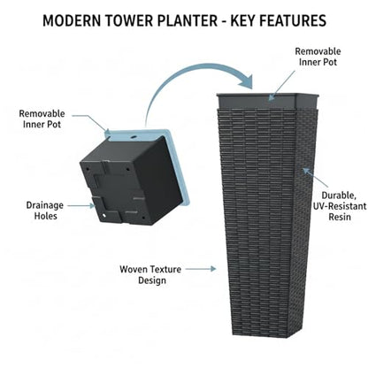Tall Planter for Outdoor Plants Set of 2 | 32" Front Porch Planters Tall Resin Planters with Rattan Texture，Inner Pots Drainage Holes for Trees,Porch,Garden,Yard,Black