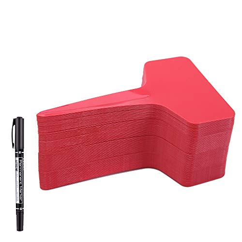 MIHEY 100 Pcs T-Type Plant Labels Tags Garden Markers with Gel Pen, Red - color: Red