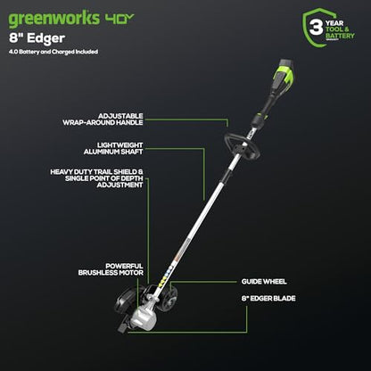 Greenworks 40V 8 in Cordless Electric Lawn Edger, 4.0 Ah Battery, Charger - size: 8" (Battery Included)