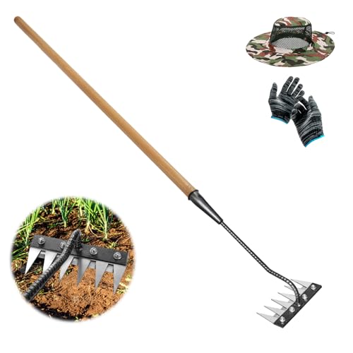Gardenia Iron Weeding Rake with Long Wooden Handle, No Frequent Tightening