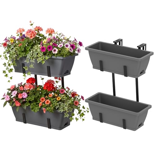 CADUKE 4 Pack Railing Planters, 16.9" Hanging Window Planters, Fence Flower Pots with Drainage Holes and Trays, Gray - color: Gray