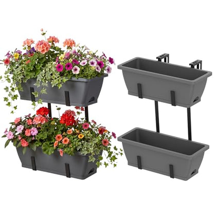 CADUKE 4 Pack Railing Planters, 16.9" Hanging Window Planters, Fence Flower Pots with Drainage Holes and Trays, Gray - color: Gray