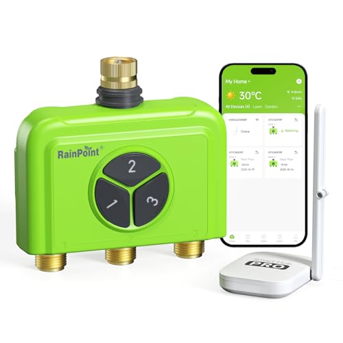 RAINPOINT 3 Zone WiFi Water Timer with Smart Gateway, Brass Inlet/Outlet WiFi Sprinkler Timer, Voice Control, Smart Watering System by Time/Weather/Quantity/Soil Moisture, (Green, 3 Zone) - color: Green