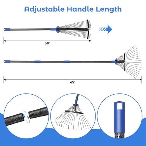 Adjustable Garden Rake for Leaves-Heavy Duty Metal Rake with 8-17" Expandable Head,Long Handle Lawn & Yard for Grass, Shrubs,Flower Beds,Camping,Outdoor Cleaning, Women & Kids - style: 5FT