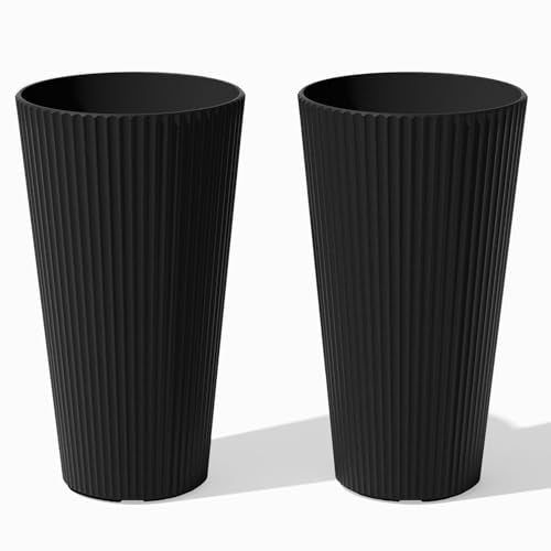 Veradek Demi Series Tall Planter - Tall Tapered Outdoor Planter with Shelf - color: Black, style: Narrow Groove -2 Pack