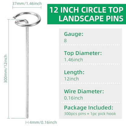 300 Pack 12 Inch Landscape Staples, Thickened 8 Gauge Circle Top Garden Stakes Heavy Duty Galvanized Landscape Fabric Pins for Securing Weed Barrier, Turf, Lawn, Fence, Tent - size: 12 Inch