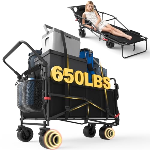 LEVELEVE Heavy Duty Folding Wagon - 2-in-1 Collapsible Cart, All-Terrain Wheels w/Brakes & Side Pockets (Black, 650lb Capacity) - color: Black, size: Large