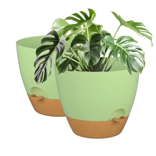 ZMTECH 12Inch 2Pcs Plant Pot Planter for Indoor Plants Self Watering Pot Flower Pot with Drainage Holes and Saucer for Outdoor Plants(Green with Brown) - color: Green With Brown, size: 12 Inch