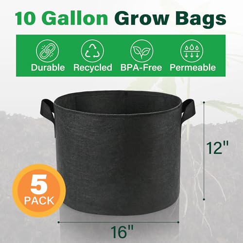 LotFancy 5-Pack 10 Gallon Grow Bags, 300G Thickened Nonwoven Aeration Fabric Pots with Reinforced Handles, Heavy Duty Gardening Planter Containers for Vegetables Flowers Fruits, Black - size: 10 Gallon（Pack of 5）