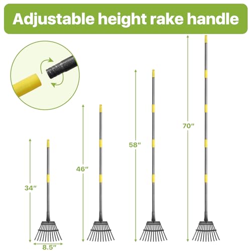 Rake for Leaves, Small Leaf Rake for Garden, 70-inch Adjustable Metal Rakes-Tool with 11 Steel Tines for Gardening, Yard, Shrub, Flower Beds, Lawns