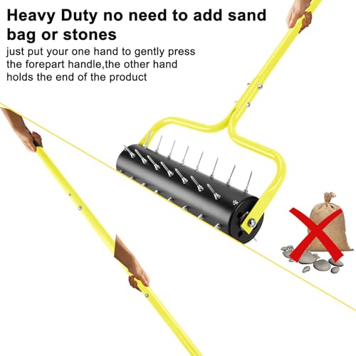 21" Rolling Lawn Aerator, 45 Preassembled Spikes, Only Needs 3-5 Minutes to Assemble, No Looseness, Good Package, 75" Long Handle with Quick Clip Connections, U-Shape Construction - Yellow. - size: Yellow
