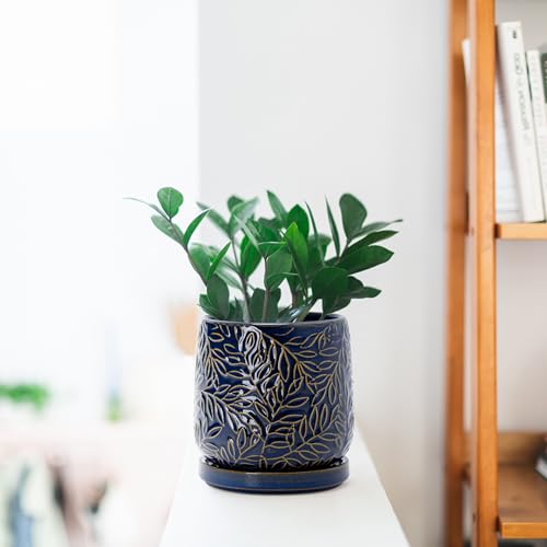 D'vine Dev Embossed Leaves Ceramic Planter, 4 in, Midnight Blue, 27-A-Z-3 - color: Midnight Blue, size: 4 Inch