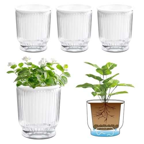 T4U Self Watering Pots for Indoor Plants 4.5 Inch 4 Pack Planter Clear - color: Clear, size: 4.5 Inch