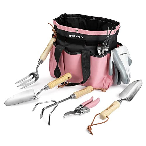 WORKPRO 8-Piece Pink Garden Tool Set with Garden Bag and Gloves- Pink - color: Pink