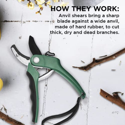 Nevlers 8" Green Anvil Pruning Shears Heavy Duty Plant Shears w/8mm Cut Cap - color: Green, size: Anvil