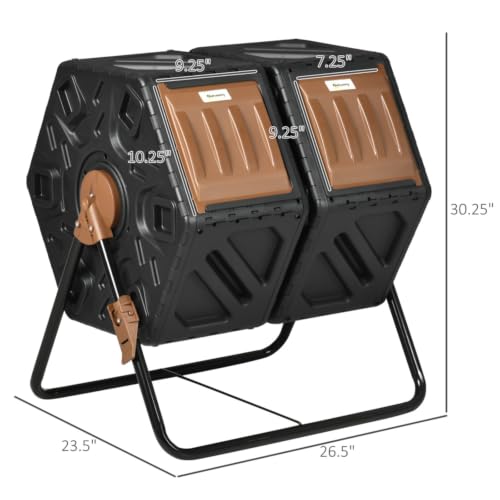 Outdoor Dual Chamber Compost Tumbler Bin with Steel Frame and 4 Ventilation Openings for Garden, Park, Kitchen, Composter with 2 Sliding Doors for Lawn, Backyard